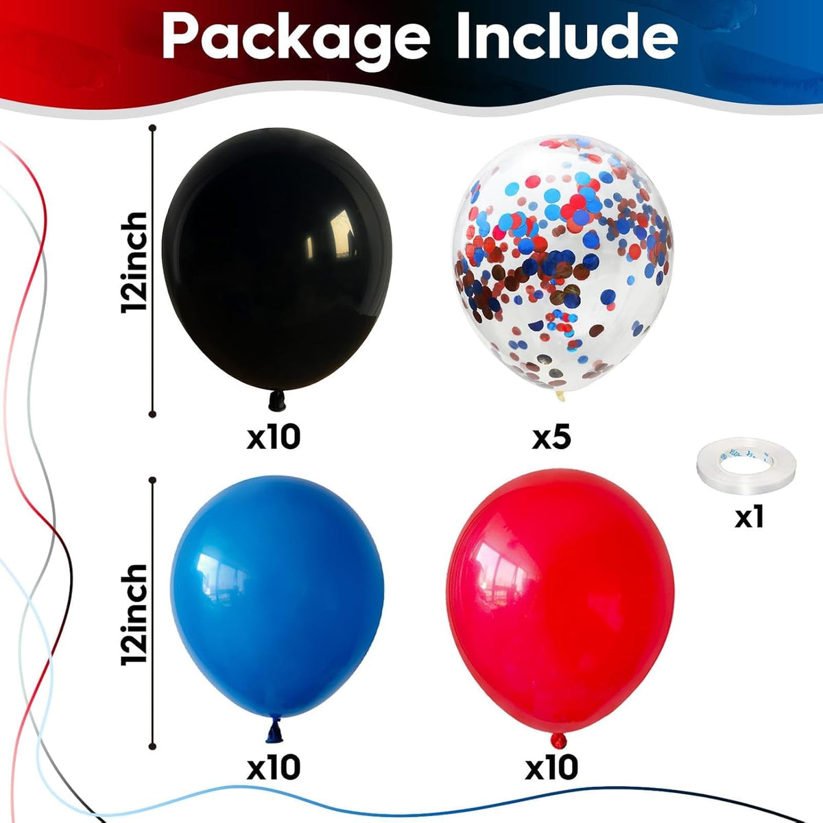 Red Blue Black Balloons, 12 Inch Royal Blue Red Confetti Latex Balloon with Black Helium Balloon