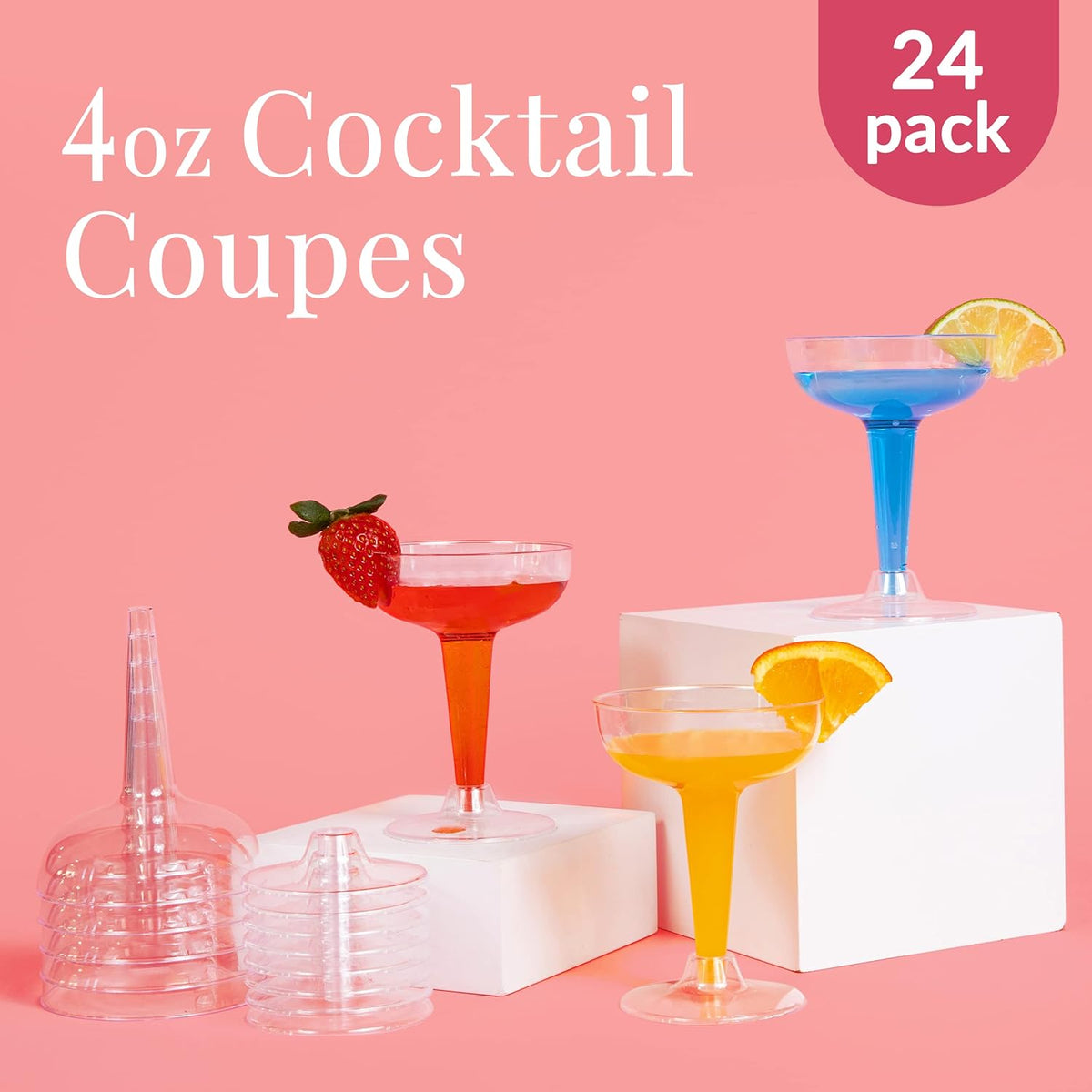 Prestee 24 Clear Plastic Coupe Glasses 4oz - Disposable Plastic Cocktail Cups, Martini Glasses