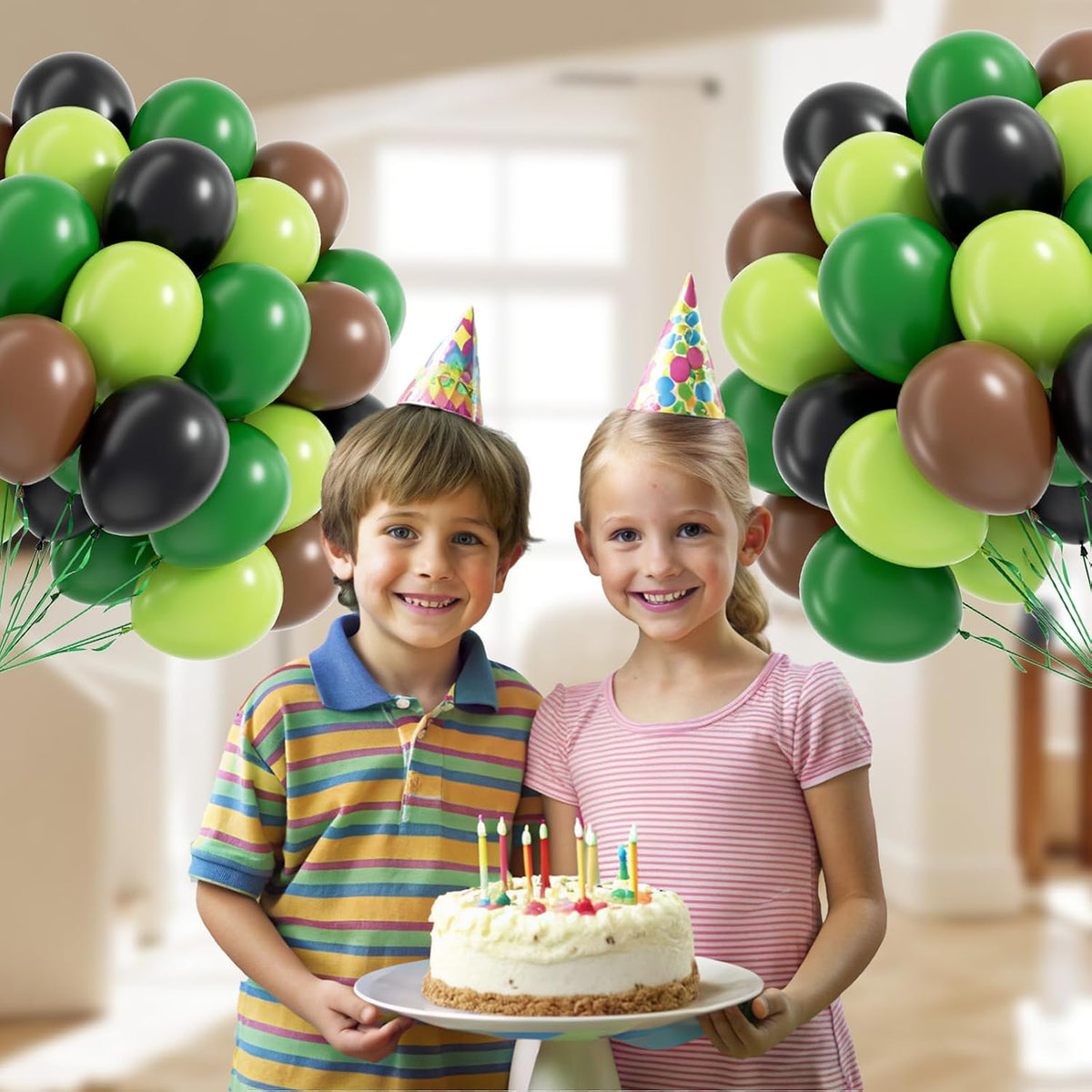 60pcs Green and Brown Balloons 12inch with Brown Black Dark Lime Green Balloons for Jungle Video