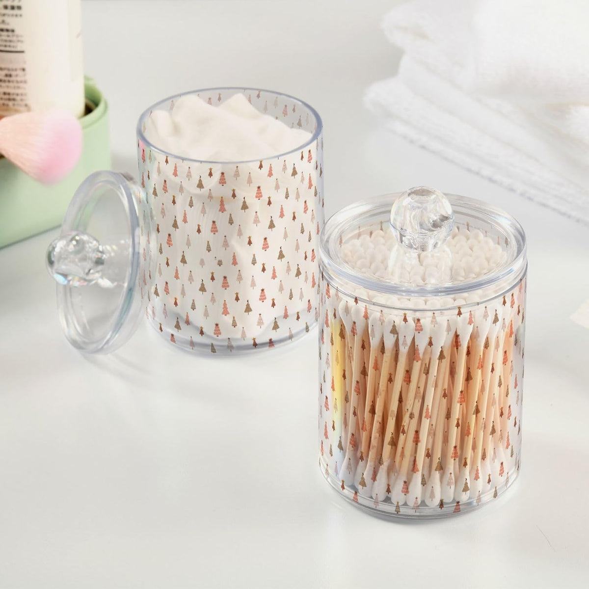 Gredecor 2 Pack Qtip Holder Clear Pastel Christmas Tree Pink Forest Apothecary Jars with Lids