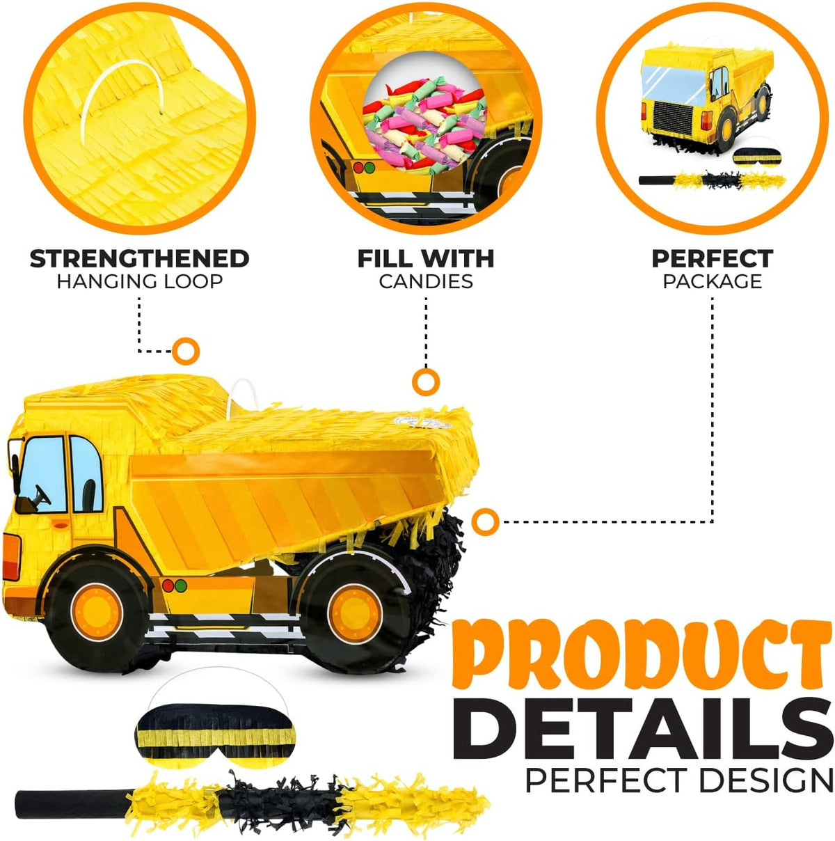 Small Dump Truck Pinata Bundle with a Blindfold and Bat(16 x 9 x 6.5 Inches), Kids Excavator Pinata