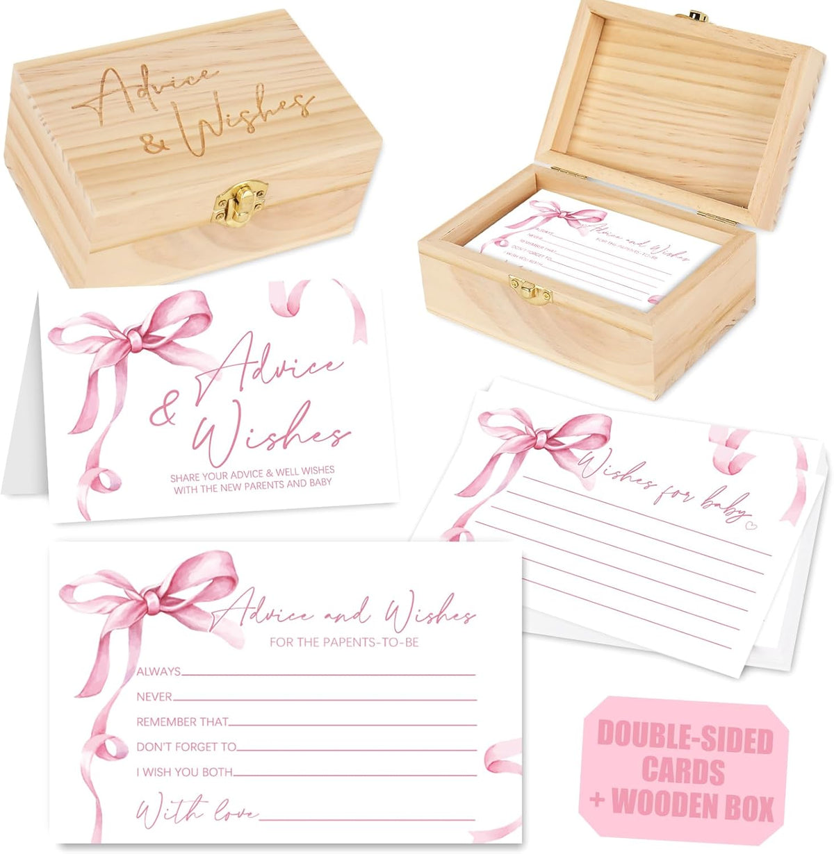 50Pcs Baby Shower Advice Cards Double-Sided Pink Bow Advice and Wish Cards with Wood Box for New