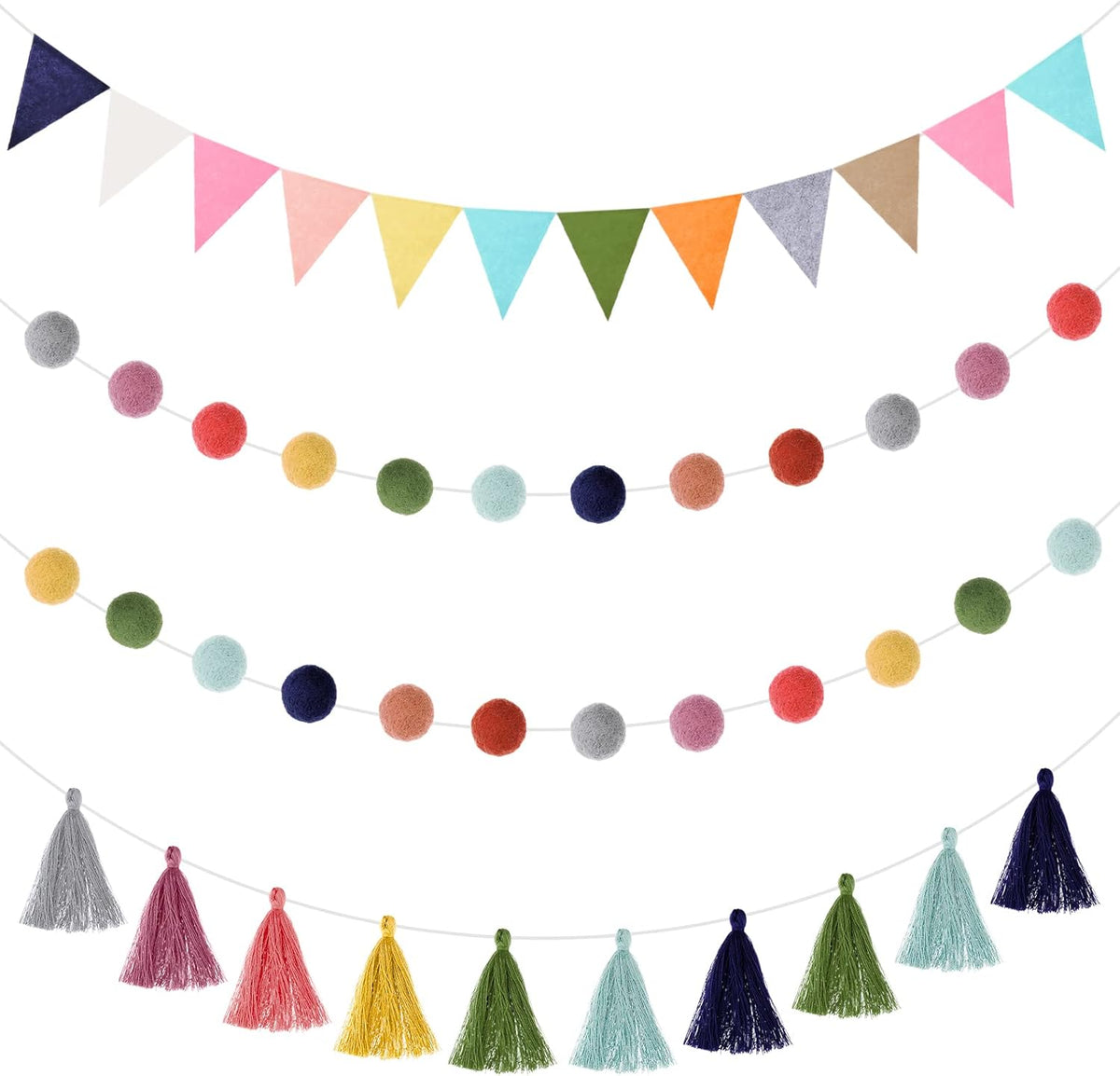 Irenare 9.8 ft Pom Pom Garland Felt Colorful Tassel Banner Christmas Party Pompoms Garland