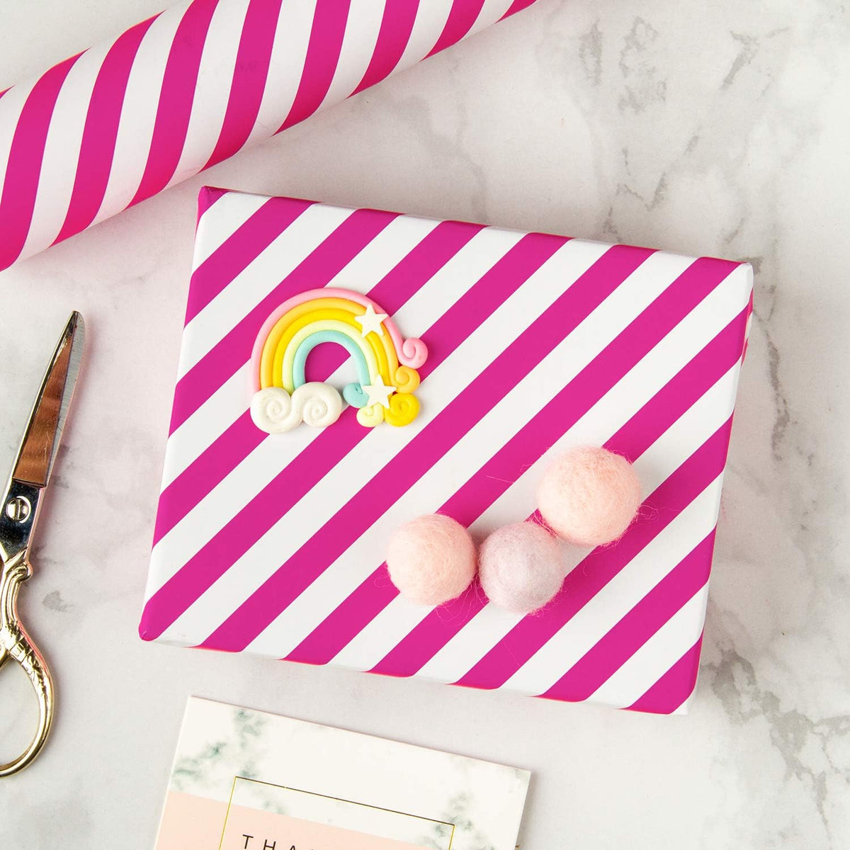 WRAPAHOLIC Reversible Wrapping Paper - Mini Roll - 17 Inch x 33 Feet - Hot Pink and Stripes Design