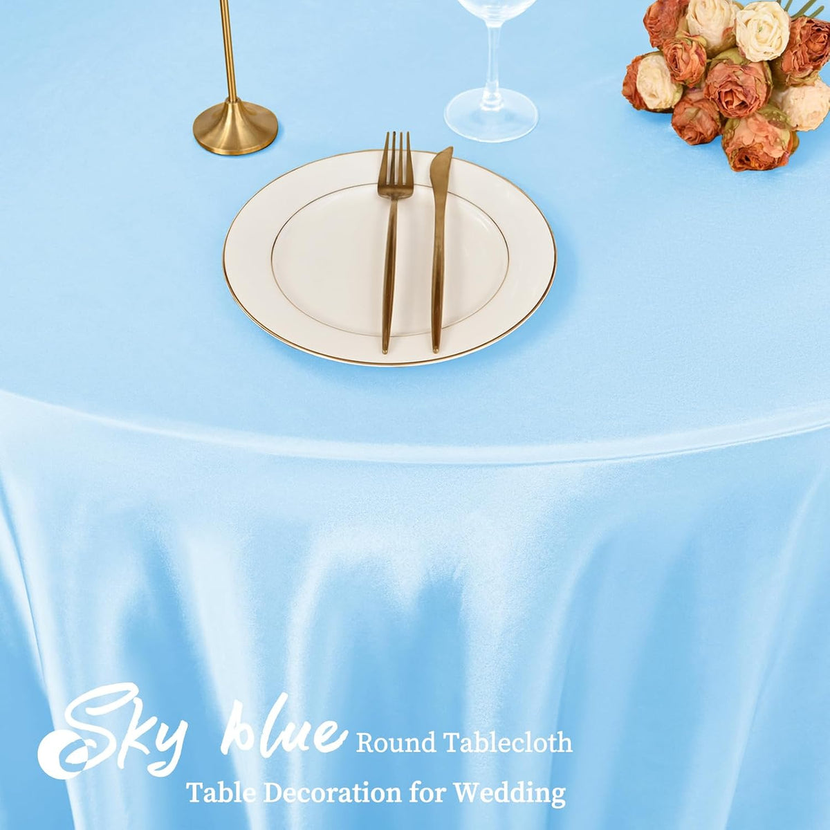 fani 12 Pack 120 Inch Light Blue Satin Tablecloth - Silky Round Tablecloth Overlay Smooth Fabric