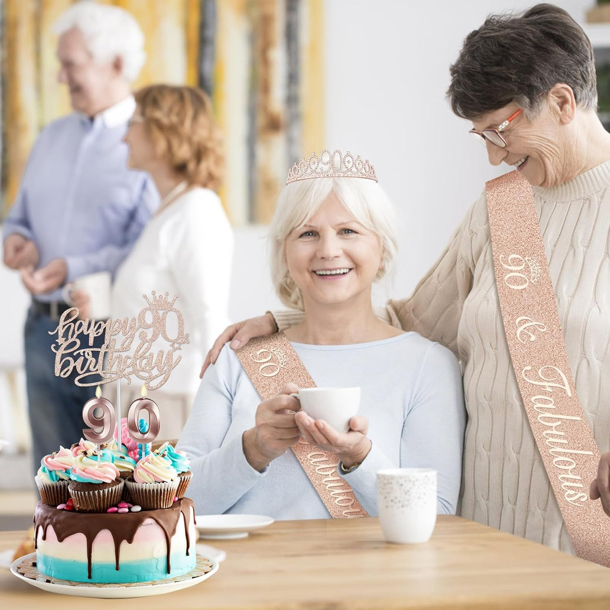 90th Birthday Decorations Women, Including Crown/Tiara, Sash, Cake Topper and Candles, Happy 90th