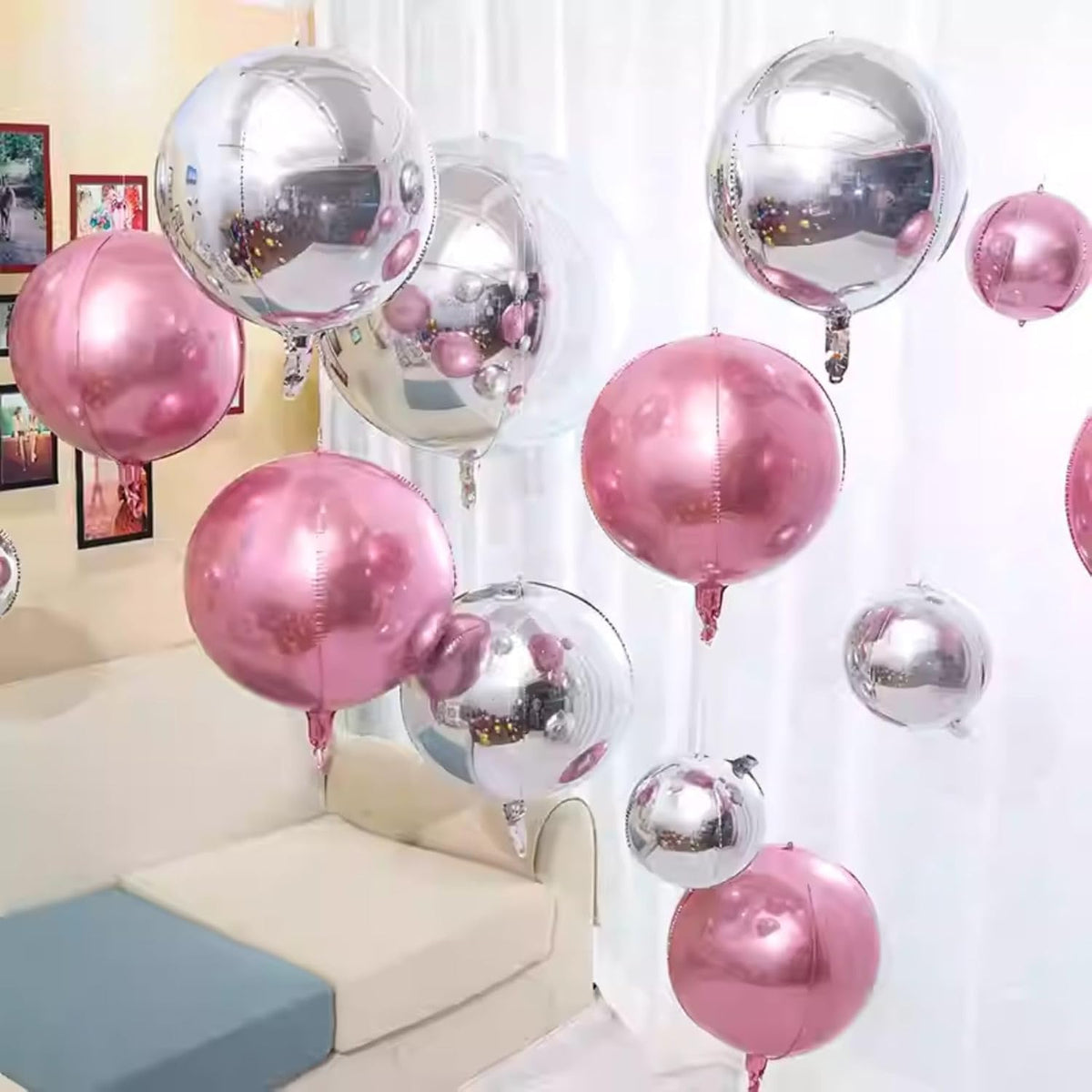 6Pcs Pink Silver Round Foil Balloons,Giant 4D Round Ball Balloon,22 Inch Metallic Pink Silver