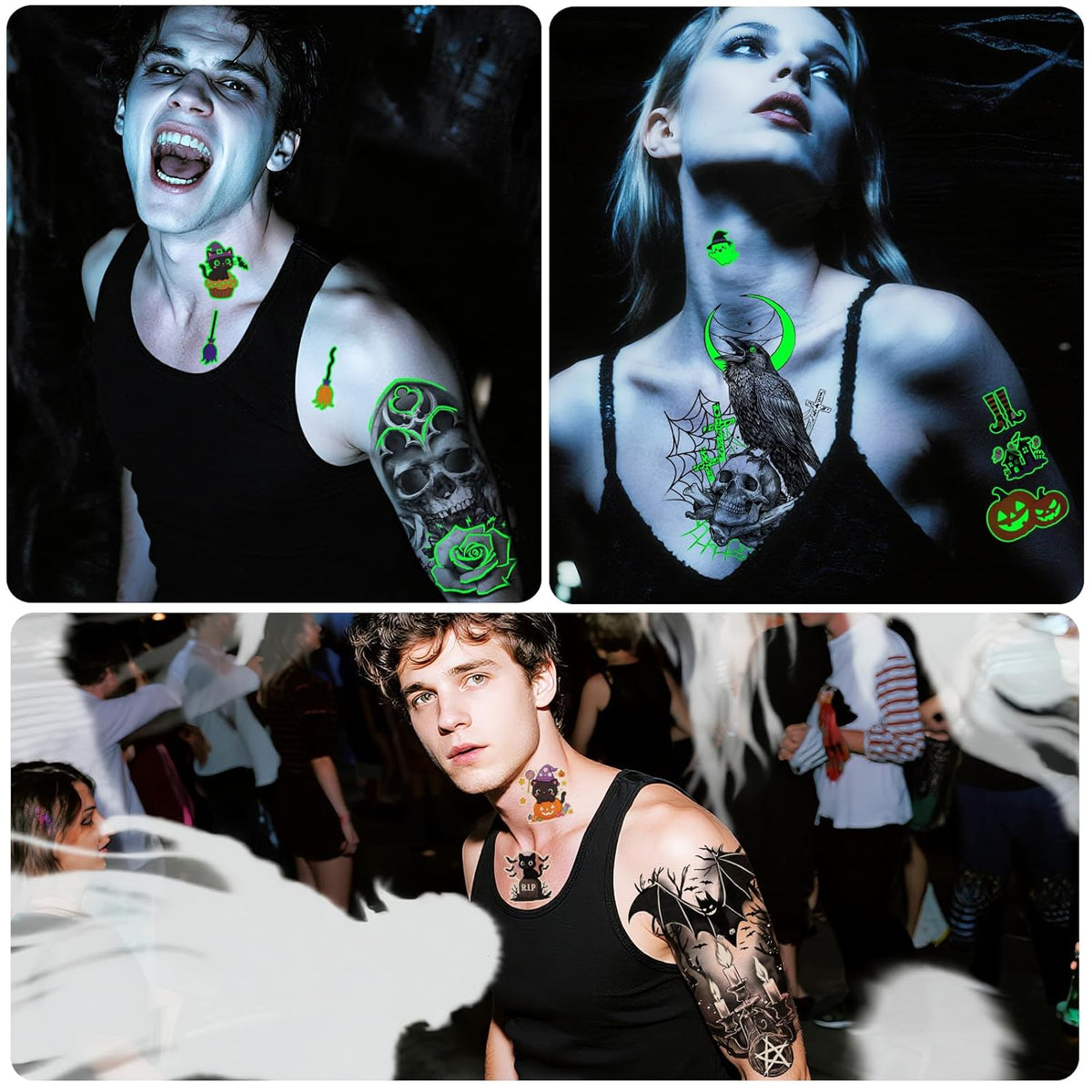 39 Sheets Halloween Glow Up Temporary Tattoos Women Men Adults, Skeleton Death Skull Pointed Black