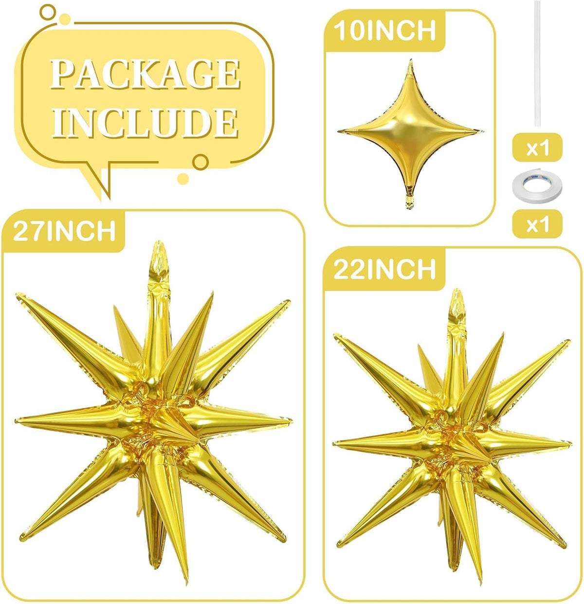 Gold Star Balloons 12pcs, 27/22 Inch Foil Star Explosion Balloons, Large Spike Mylar Cone Balloon