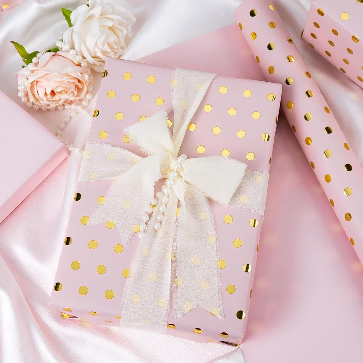 Flyhill Pink Wrapping Paper Roll,Reversible Mini Roll Gold Foil Polka Dot Gift Wrap for