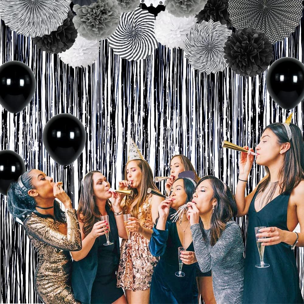 BEISHIDA 2 Pack Foil Fringe Curtain,Black Tinsel Metallic Curtains, Photo Backdrop Streamer Curtain