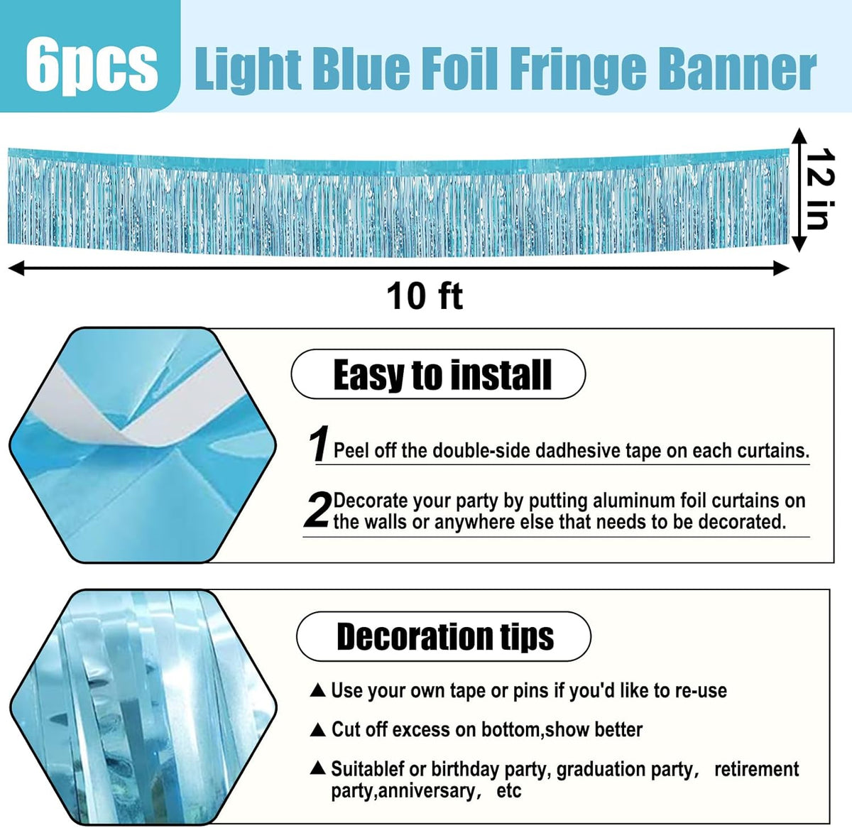 6 Pack 10 Feet Light Blue Foil Fringe Garland Metallic Tinsel Streamers Banner Wall Hanging Curtain