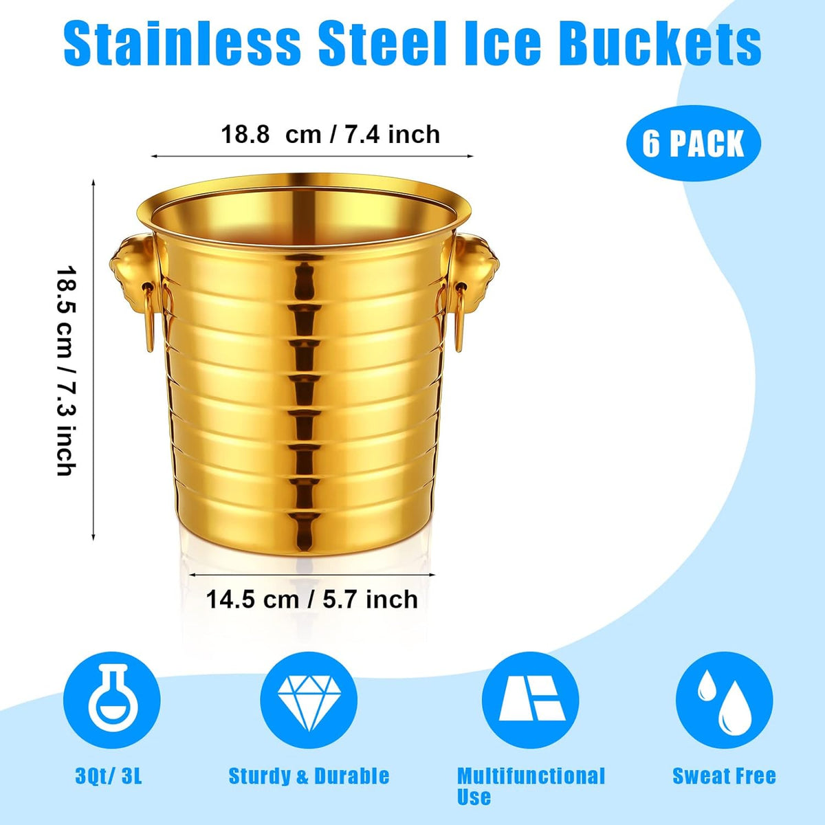 Pinkunn 6 Pack Stainless Steel Champagne Bucket 3 Qt Metal Ice Bucket Double Wall Wine Bucket with