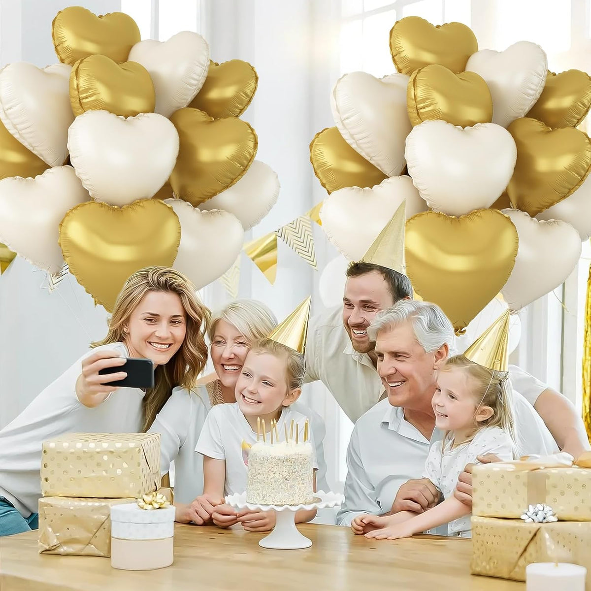Sand White Gold Heart Balloons,12Pcs 18Inch Cream White Metallic Gold Heart Shaped Foil Helium Foil