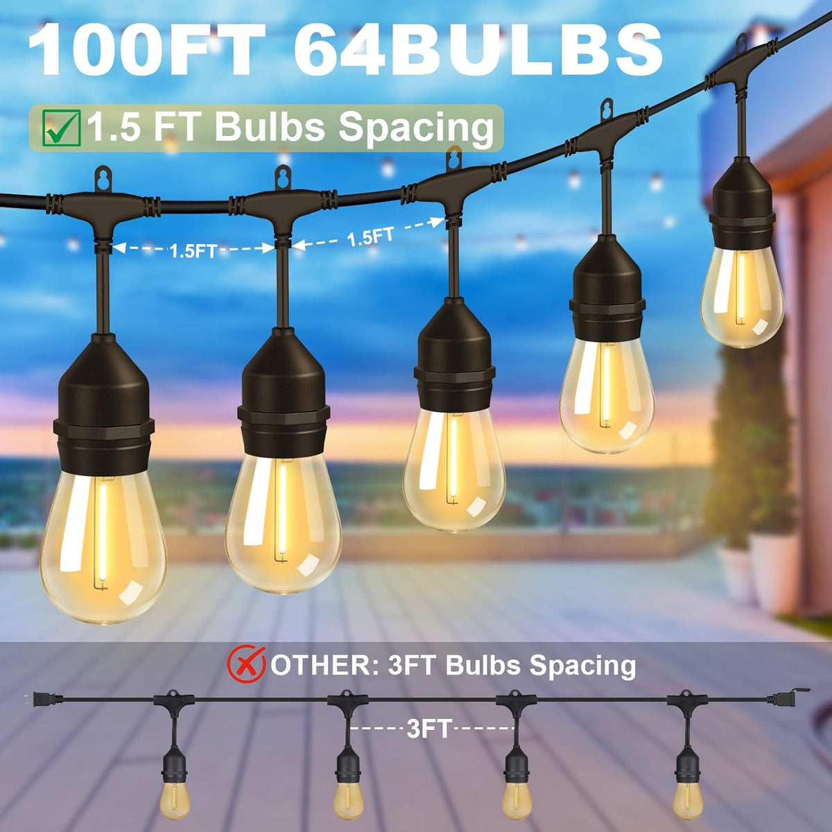 100FT Outdoor String Lights with 64+4 Bulbs (1.5FT Bulbs Spacing), Remote & Dimmer, Commercial