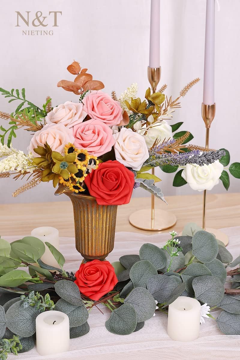 N&T NIETING Artificial Flowers 25pcs Real Looking Artificial Roses with Stems for Valentine's Day