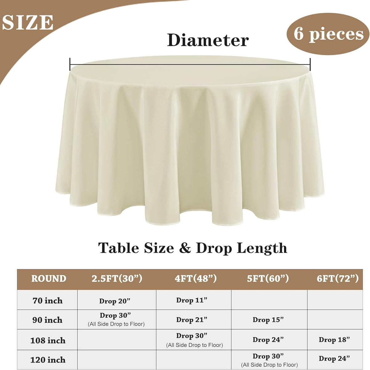 Fitable 6 Pack Ivory Tablecloths for Round Tables-108 Inches in Diameter-Stain Resistant and