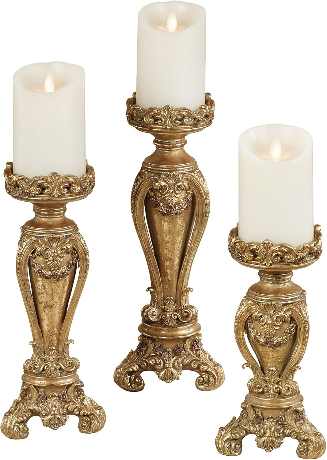 Touch of Class Angelique Ornate Candleholders Aged Gold Set of 3 - Victorian Style Table