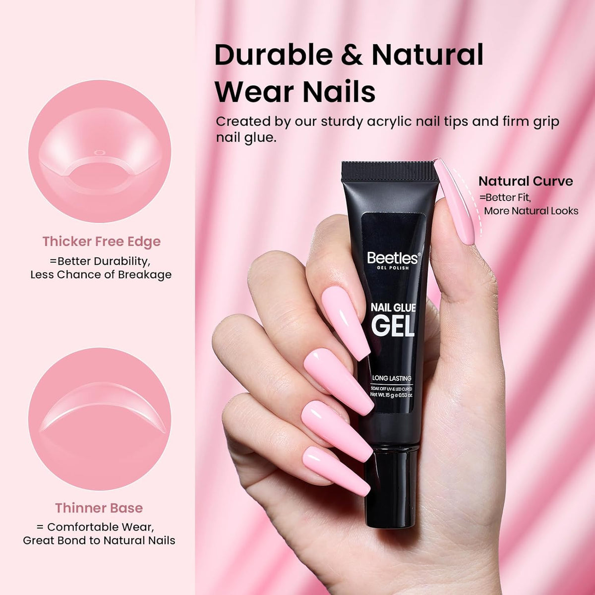 Beetles Gel Nail Kit Long Coffin with Nail Dehydrator and Primer, 576Pcs Half Matte Etch-X Gel Nail
