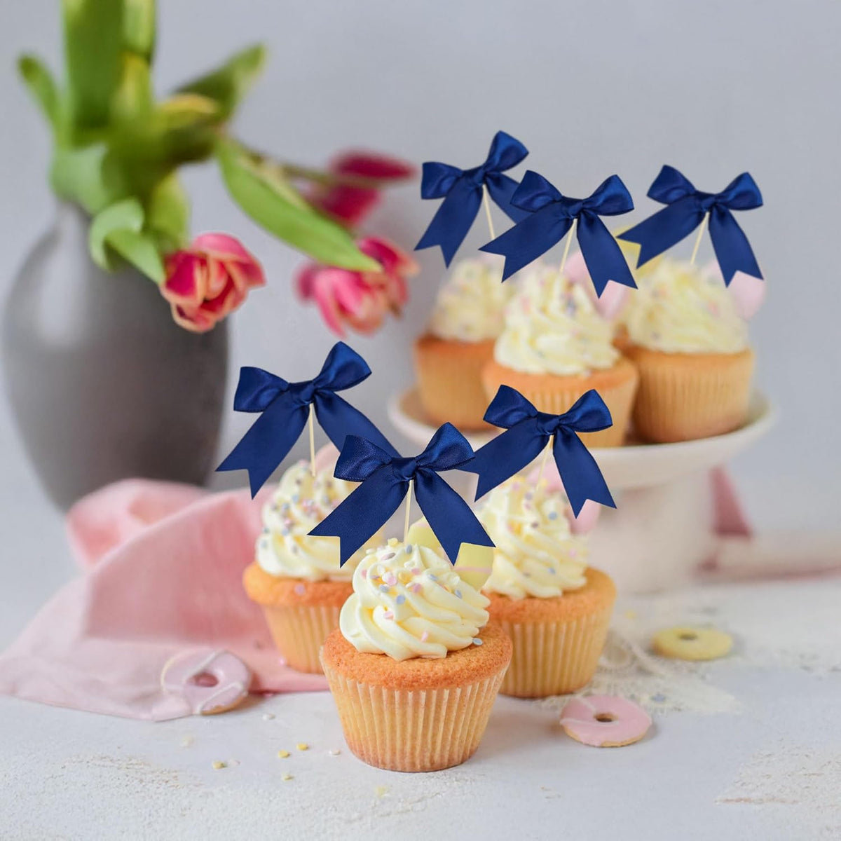 Gyufise 24Pcs Bow Cupcake Toppers Coquette Bow Girls Birthday Cake Decorations Bowknot Cake Toppers