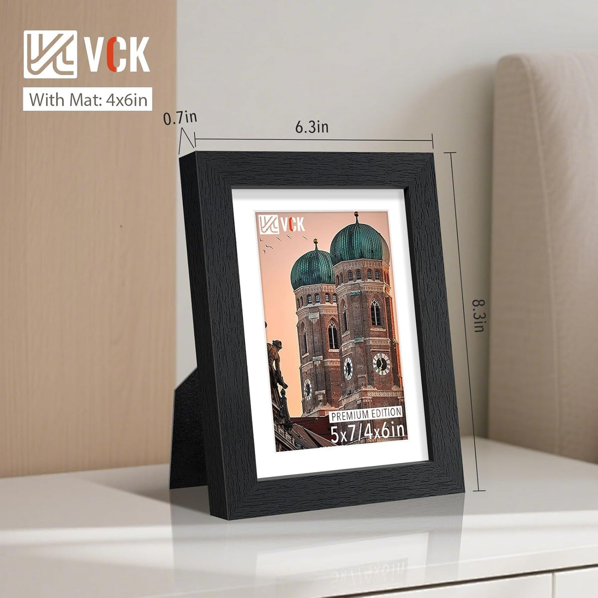 VCK 5x7 Picture Frame Black Set of 5, Textured Exclusive Wooden Photo Frames with HD Glass | Matted