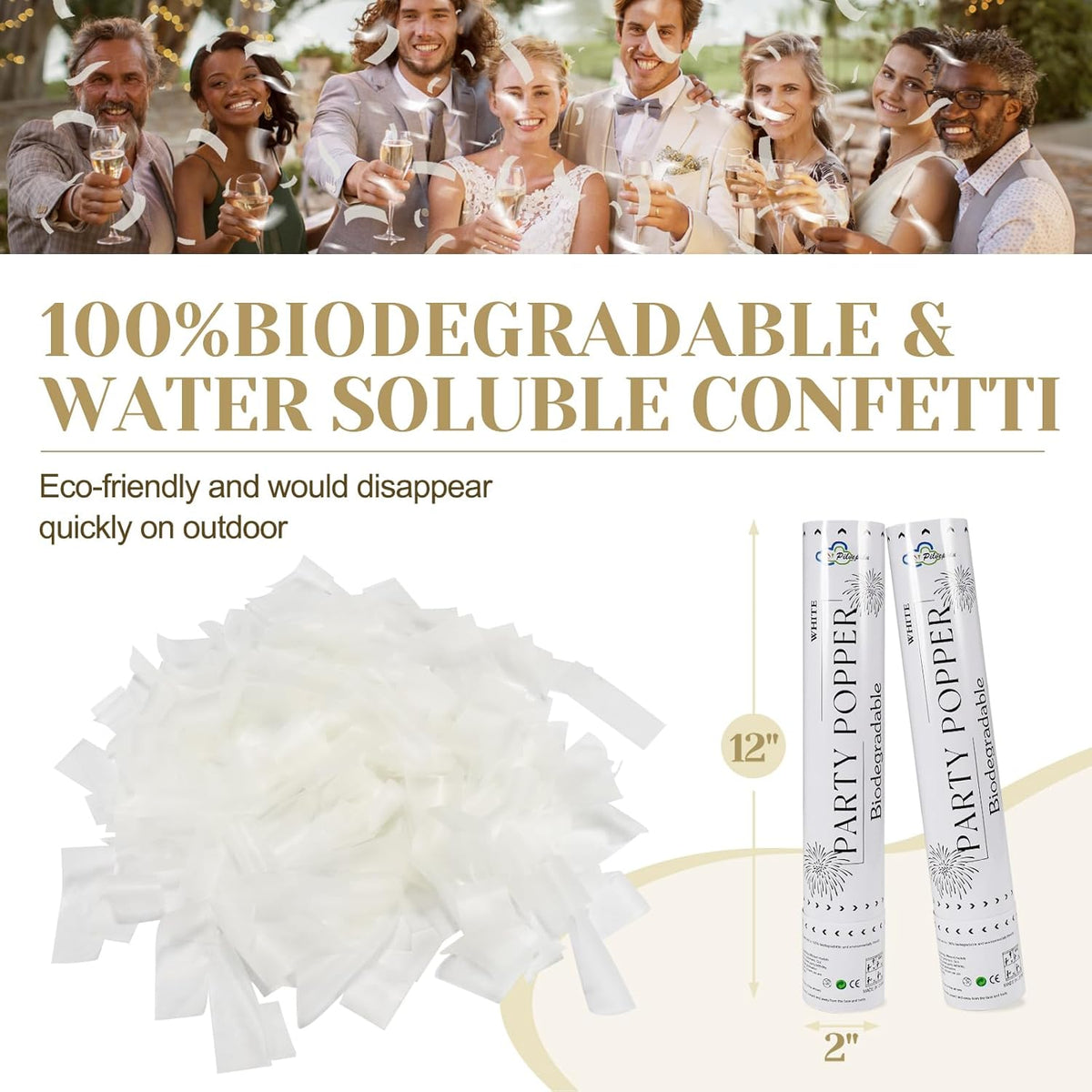 White Confetti Poppers,Rice Paper For Wedding,Biodegradable Cannon,6Pack Biodegradable Confetti