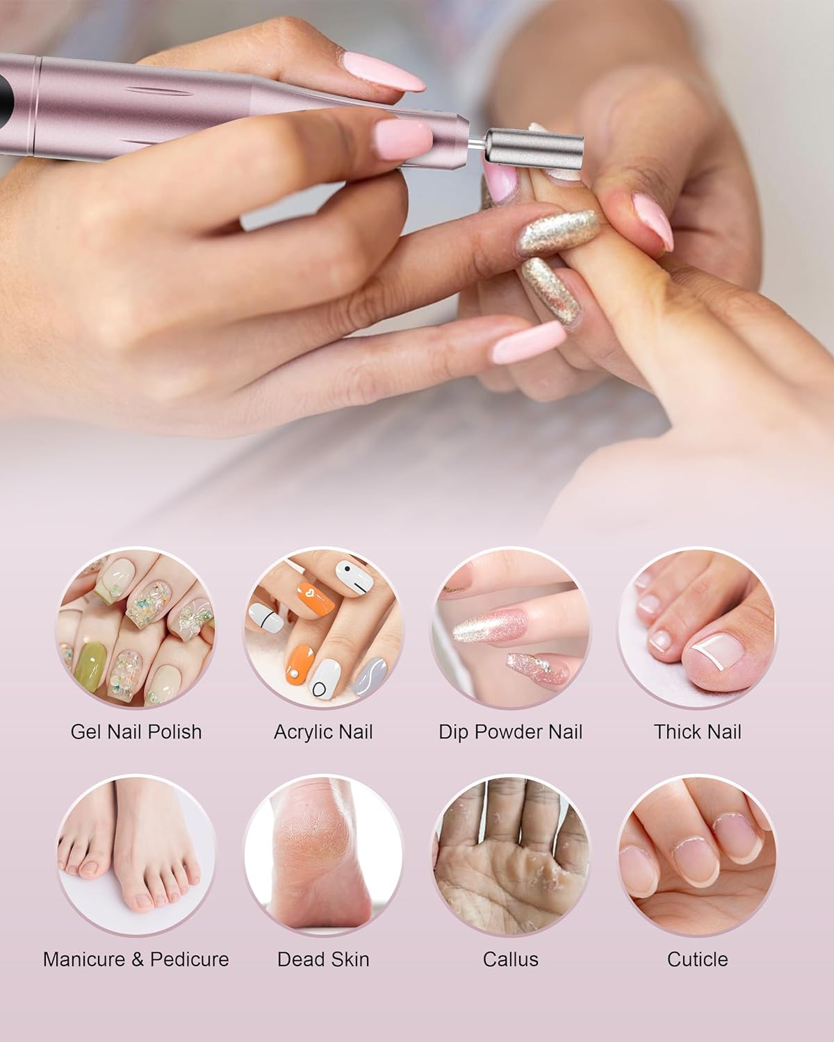 Cordless Nail Drill Electric File: Professional for Acrylic Gel Dip Powder Nails Portable Nail