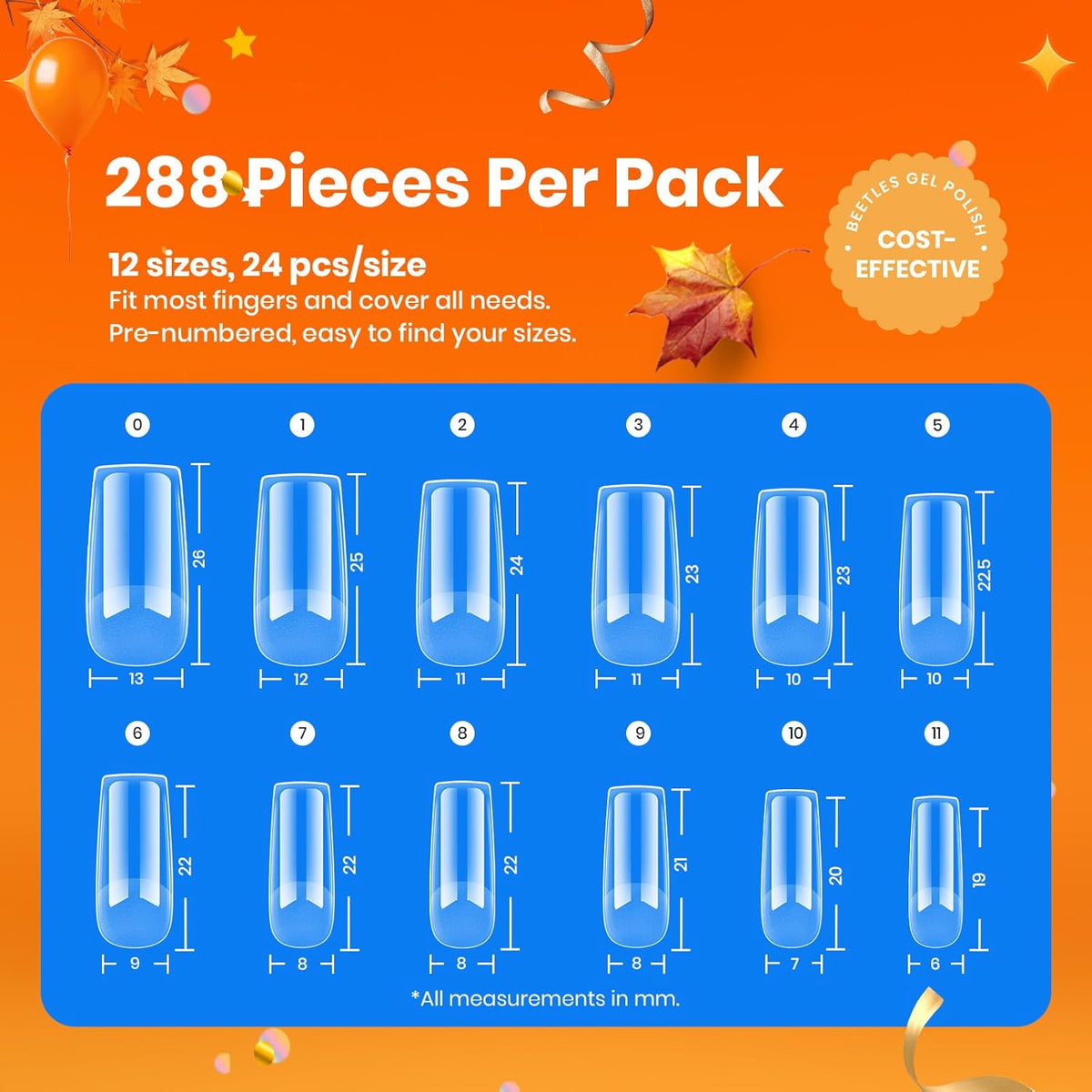Beetles Gel Nail Tips Etch-X, Square Medium, 288Pcs 12 Sizes, Pre-Etched Half Matte Soft Acrylic