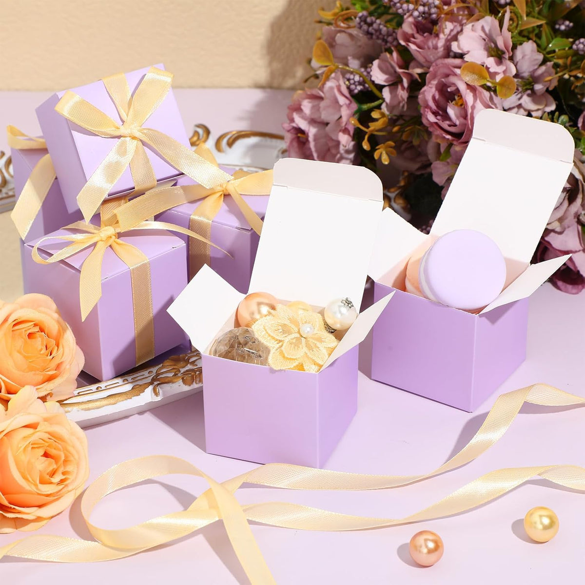 Jutom 100 Pcs Mini Favor Boxes Extra Small Candy Boxes Paper with Gold Ribbon for Christmas