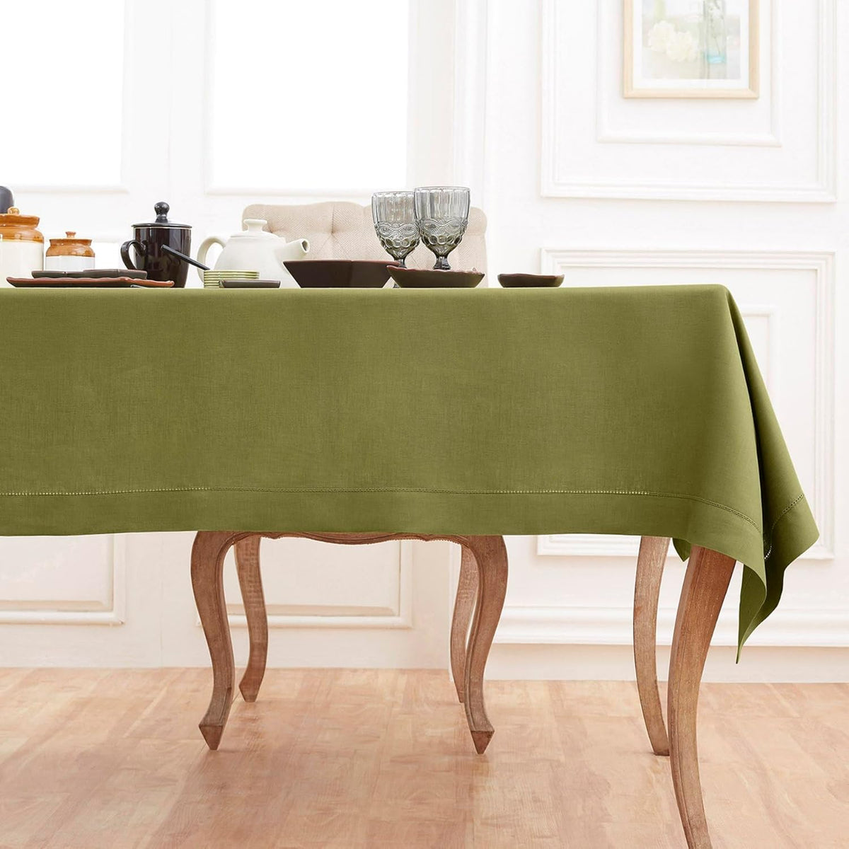 Solino Home Linen Avocado Green Tablecloth 60 x 108 Inch - Classic Hemstitch, 100% Pure Linen