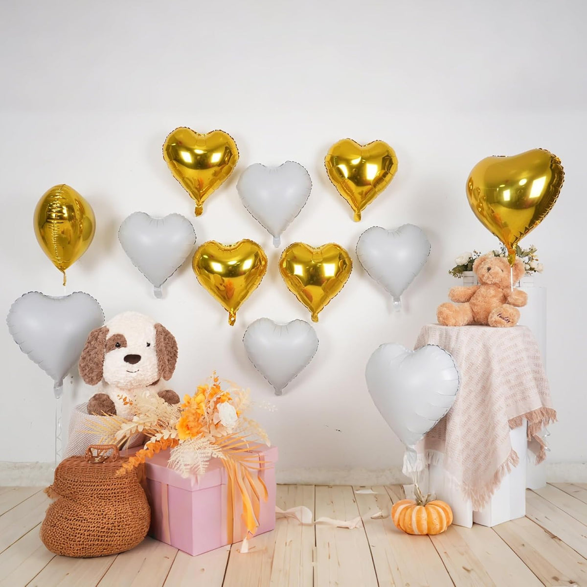 Gold White Heart Balloons,12Pcs 18 Inch Metallic Gold Cream Foil Love Heart Shaped Balloons for
