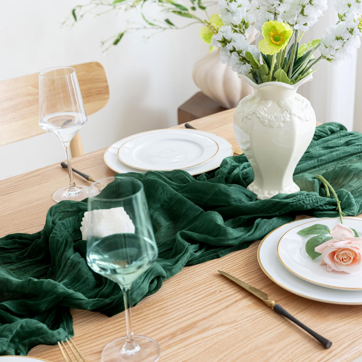 Asee'm 12PCS Table Runner Cheesecloth 10FT Emerald Green Boho Gauze Fabric Rustic Sheer Cheese