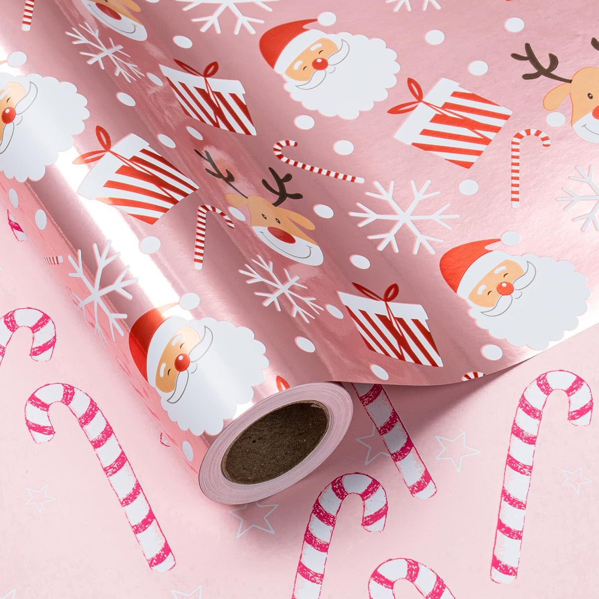 LeZakaa Christmas Pink Wrapping Paper Mini Roll, Santa Claus & Candy Cane, Metallic Foil, Rose Gold