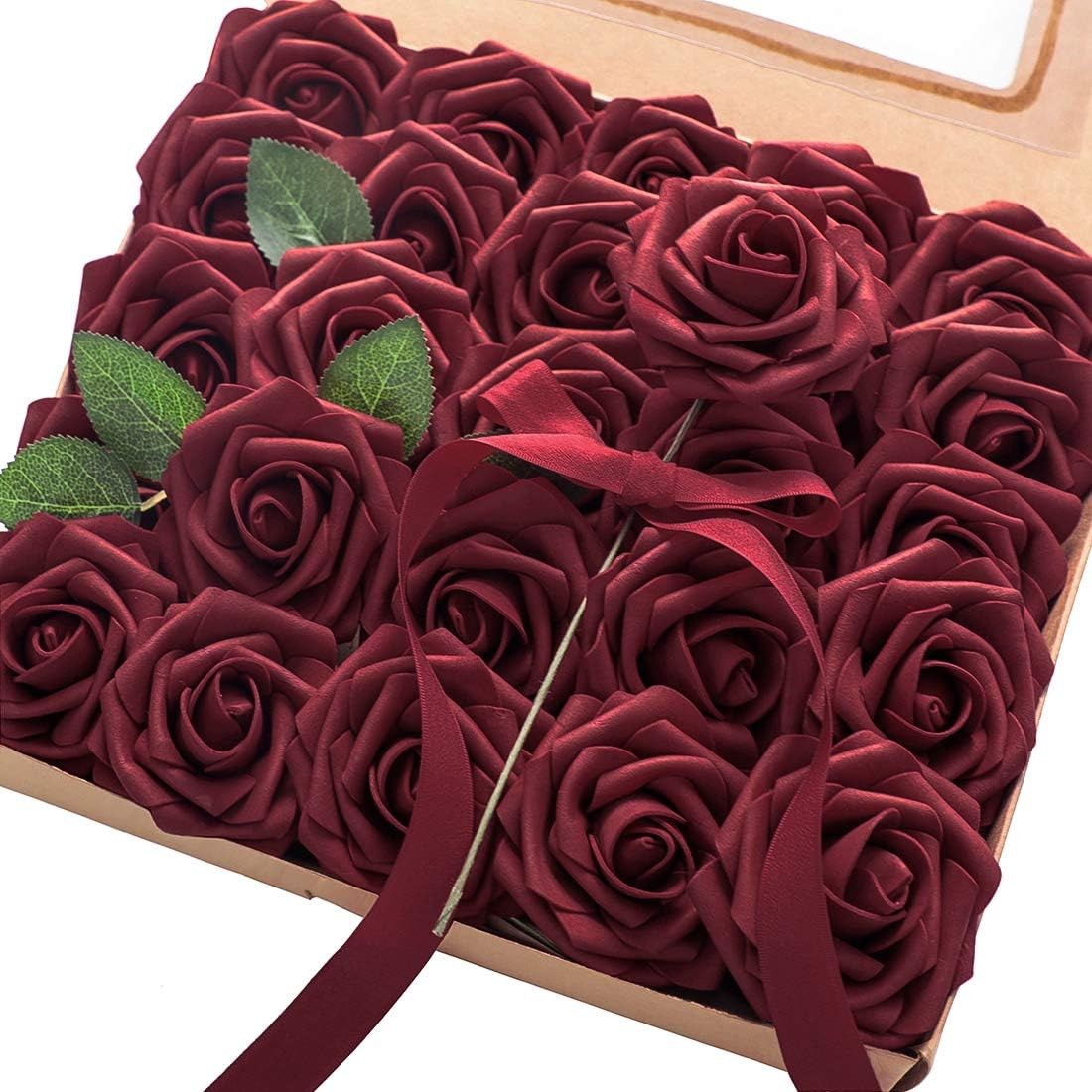 Floroom Artificial Flowers 50pcs Real Looking Burgundy Foam Fake Roses with Stems for DIY Wedding