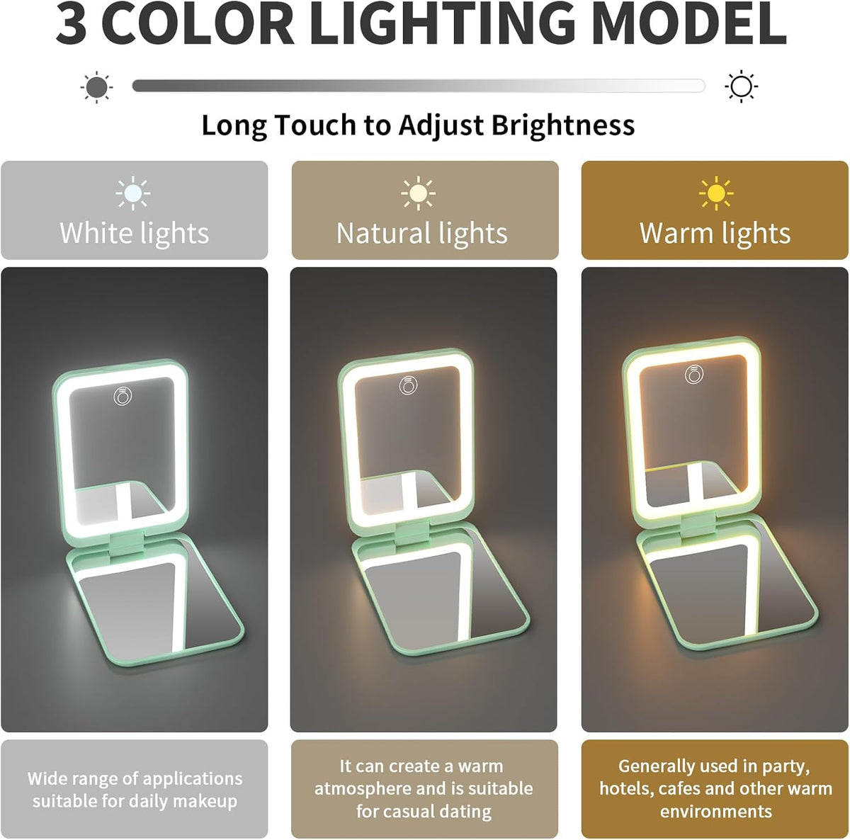 Kintion 2025 Pocket Mirror, Rechargeable Dimmable 3 Color Lighting 1X/3X LED Compact Travel Makeup