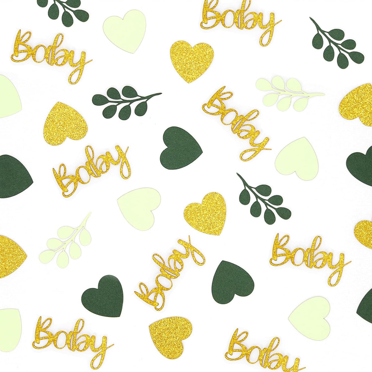 200PC Sage Green Baby Shower Confetti Green Gold Glitter Heart Table Confetti for Greenery Gender