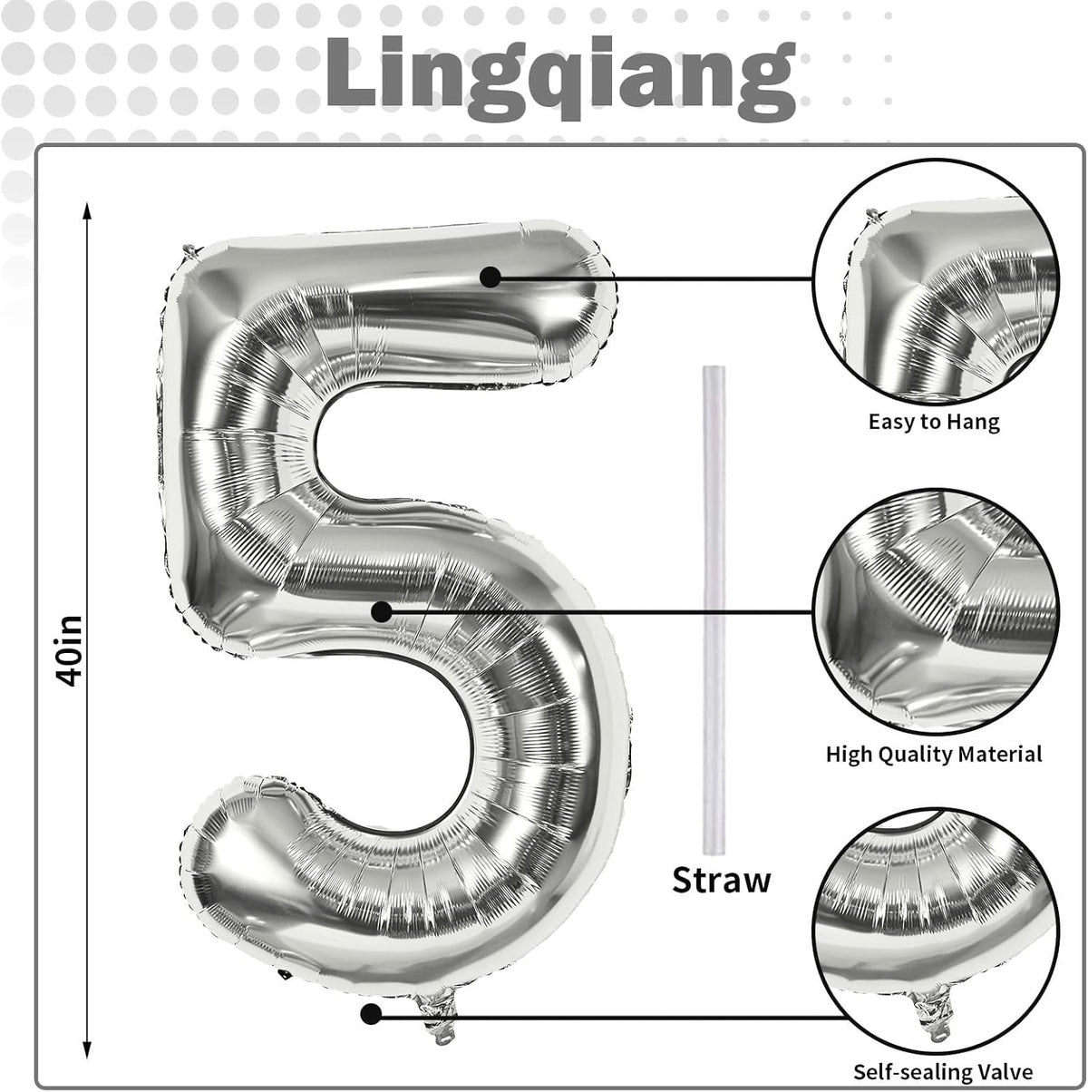 40 Inch Silver Large Numbers Balloons 5, Self Inflating Digit 5 Helium Balloons for 5th Girls Boys