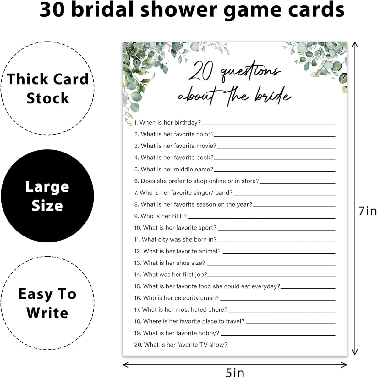 Eucalyptus Bridal Shower Game Cards - 20 Questions About The Bride, Wedding Engagement Bachelorette