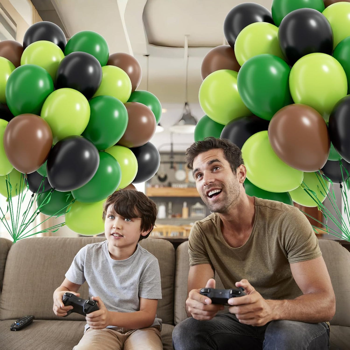 60pcs Green and Brown Balloons 12inch with Brown Black Dark Lime Green Balloons for Jungle Video
