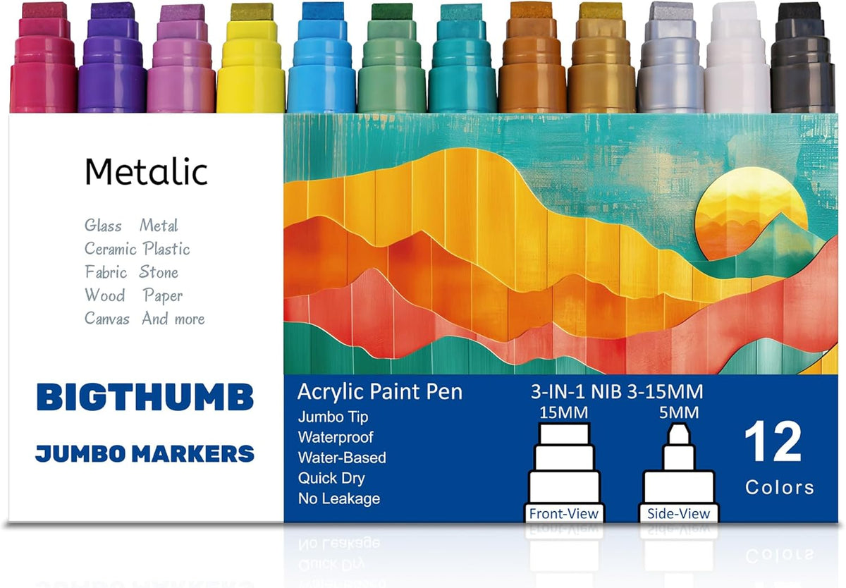Jumbo Graffiti Poster Markers Set: 12 Metallic Colors Large 15mm Wide Tip Permanent Ink Thick