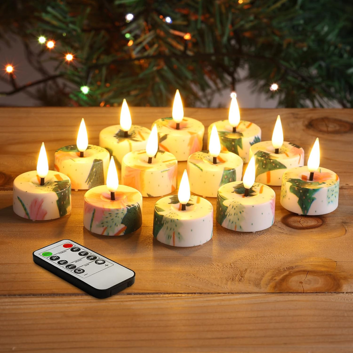 Eywamage Christmas Tree Flameless Tealights with Remote, Flickering Battery Operated LED Tea Votive