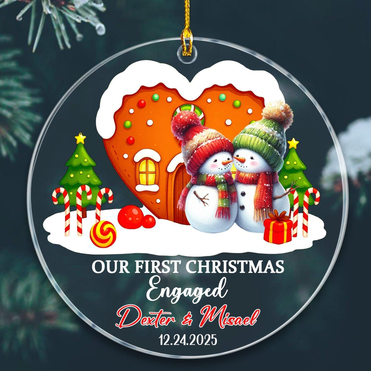 Our First Christmas Engaged Ornament 2025, Personalized Date & Name Engaged Couple Keepsake