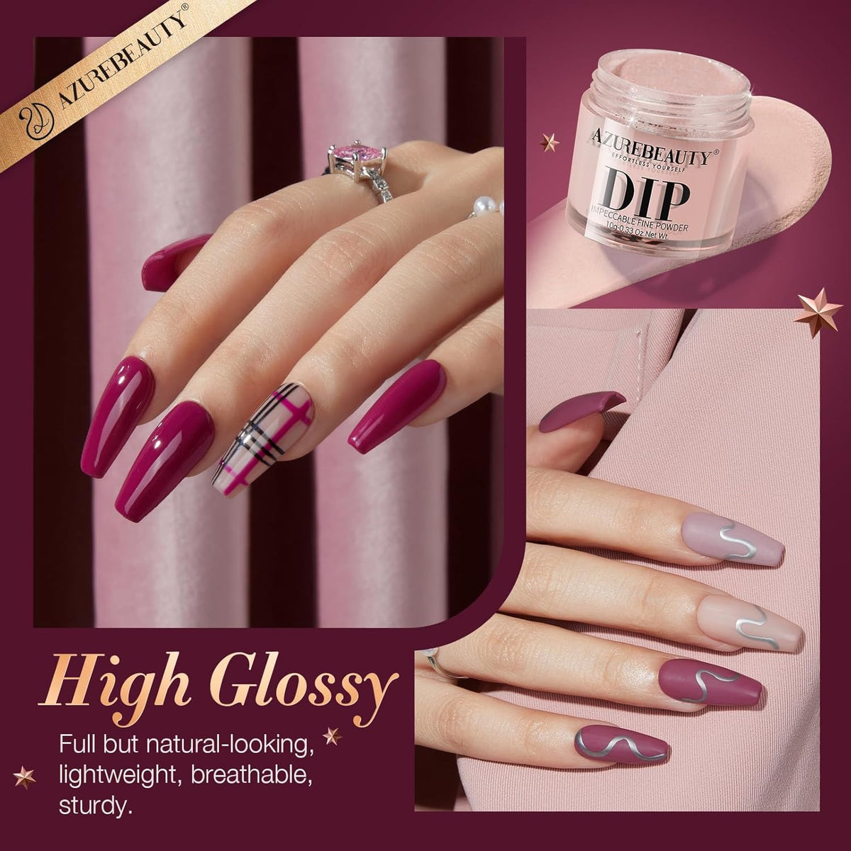 4 Colors Dip Nails Powder Kit, AZUREBEAUTY Fall Winter Brown Purple Dipping Powder Starter Set with