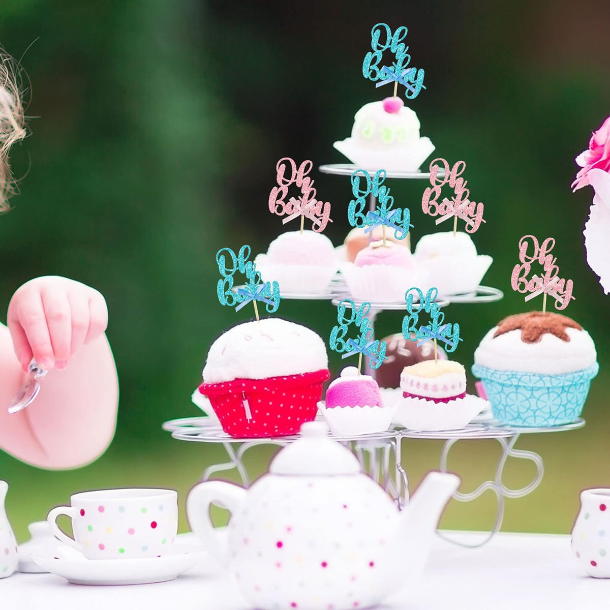 Gyufise 36Pcs Oh Baby Cupcake Toppers Pink Blue Bow Glitter Baby Shower Gender Reveal Cupcake Picks