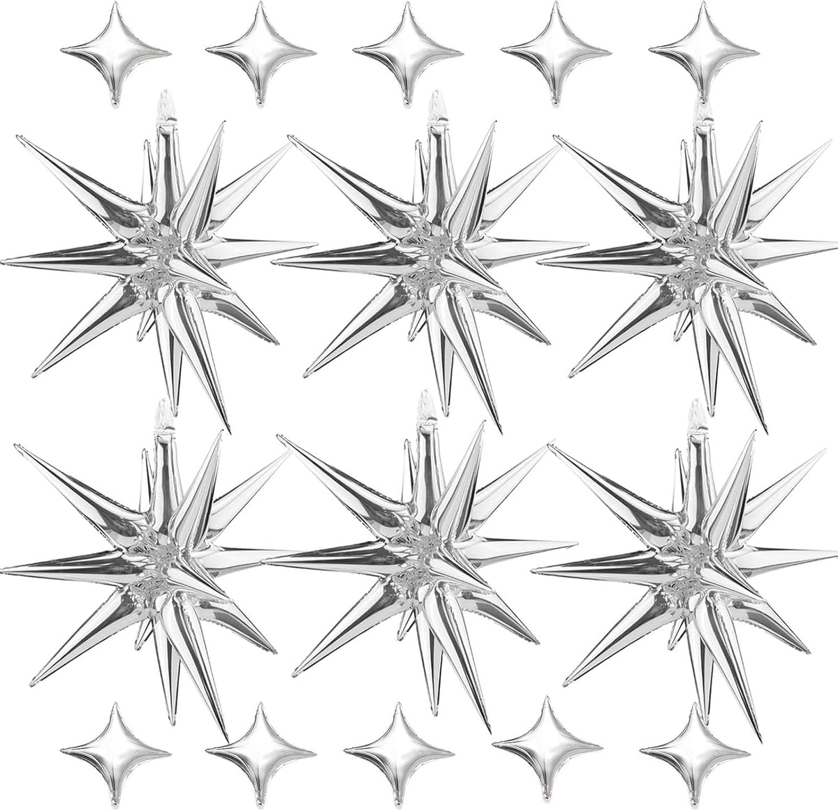 6 Pcs Explosion Star Foil Balloons- 12 Point Star Balloons,Silver Spike Balloons and 10Pcs Four