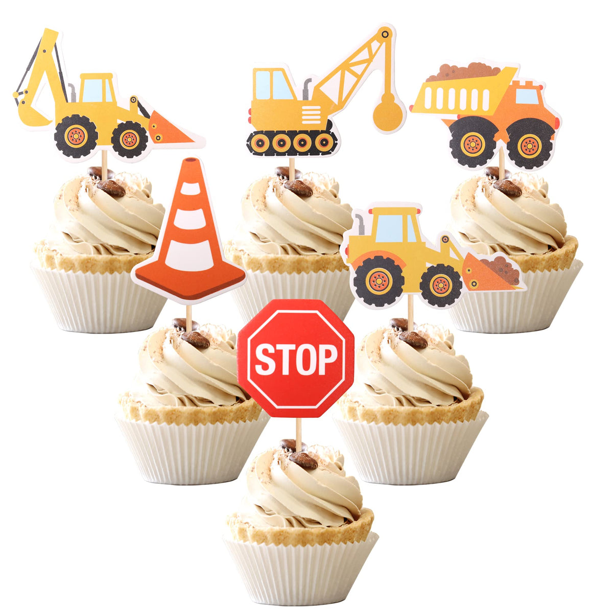 36 PCS Construction Cupcake Toppers Stop Sign Dump Truck Excavator Tractor Party Cake Food Picks