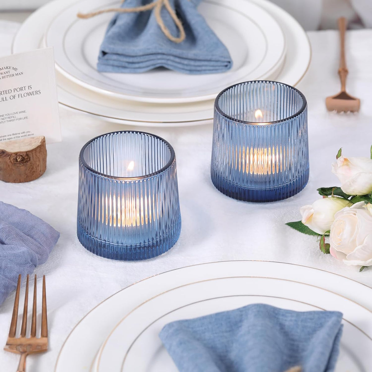 DARJEN Blue Ribbed Tealight Votive Candle Holders- 6Pack Glass Candle Holders for Table