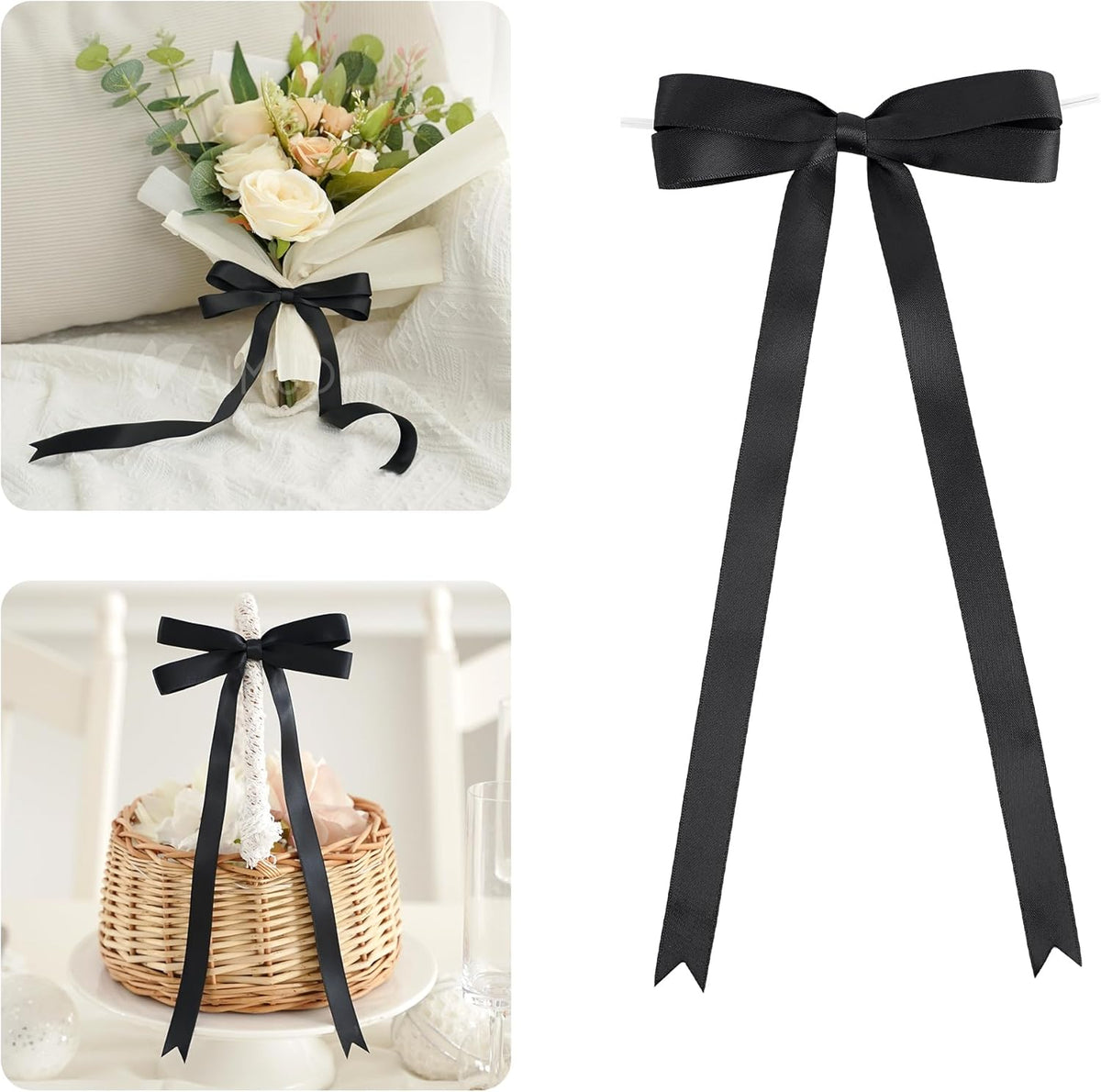 AIMUDI Black Bow 5 × 10" Satin Bow for Gift Wrapping Twist Tie Bows Premade Ribbon Bows for