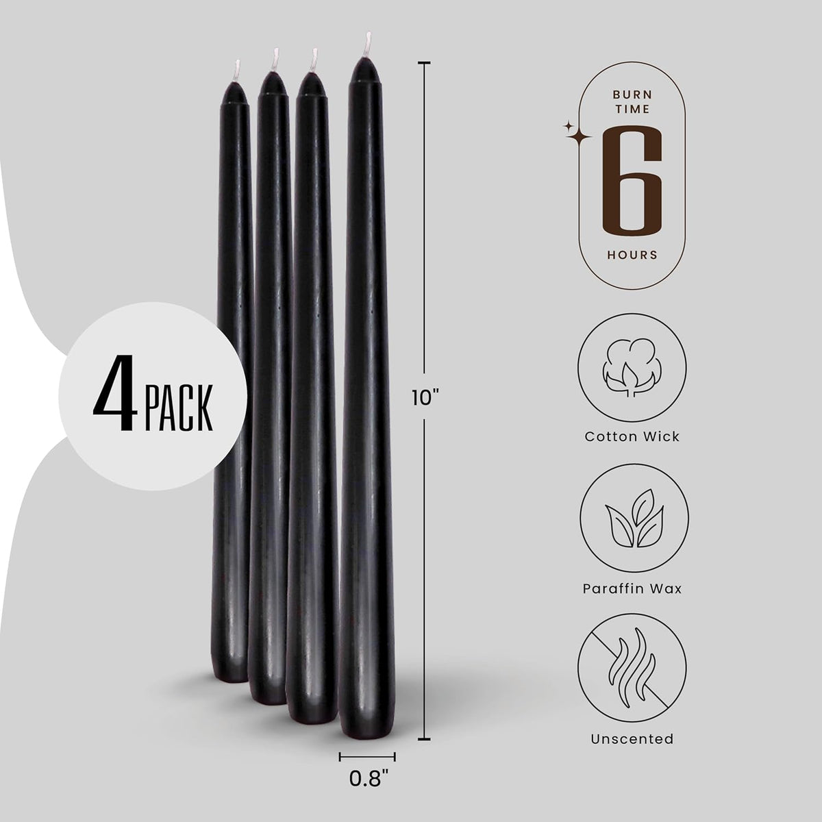 Leor & Lair Black Taper Candles - 4 Pack 10" Black Candlesticks - Unscented Long Burning Halloween