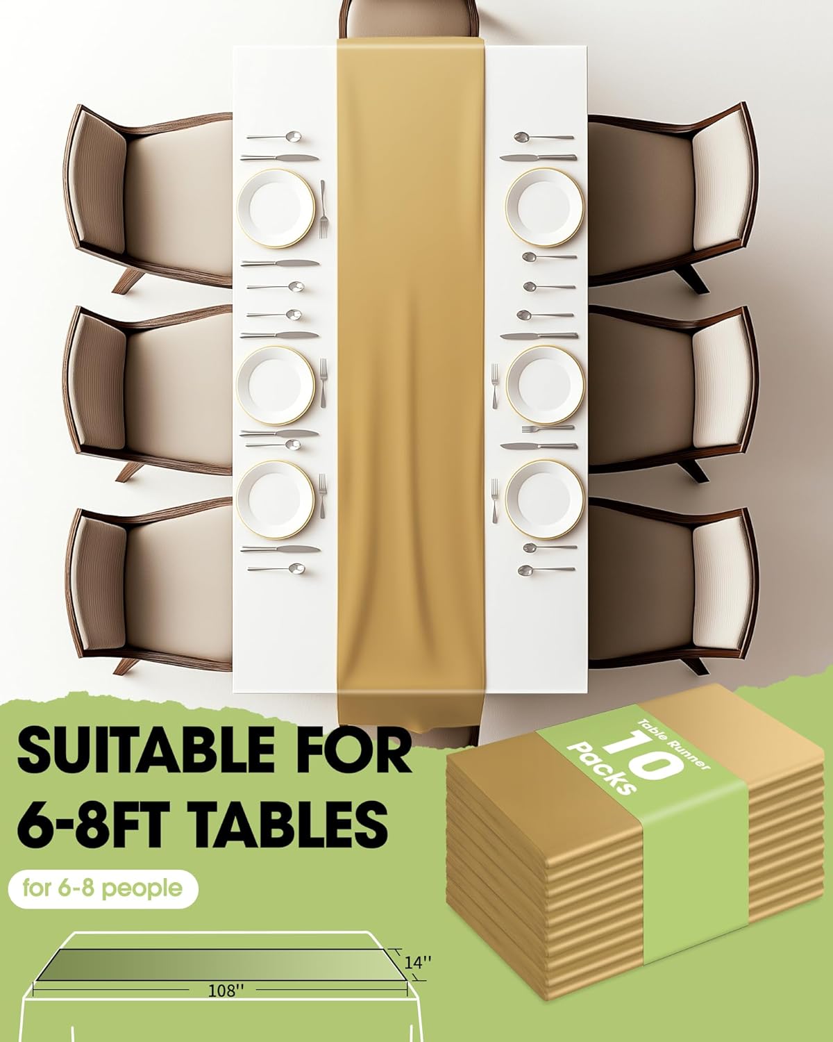 Pureegg Gold Plastic Table Runners - 10 Pack, 14'' x 108'', Water Resistant & Disposable